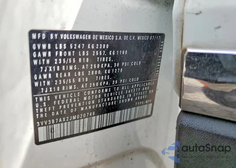 2018 Volkswagen Tiguan Se z USA, uszkodzony, nr VIN 3VV3B7AX2JM020746